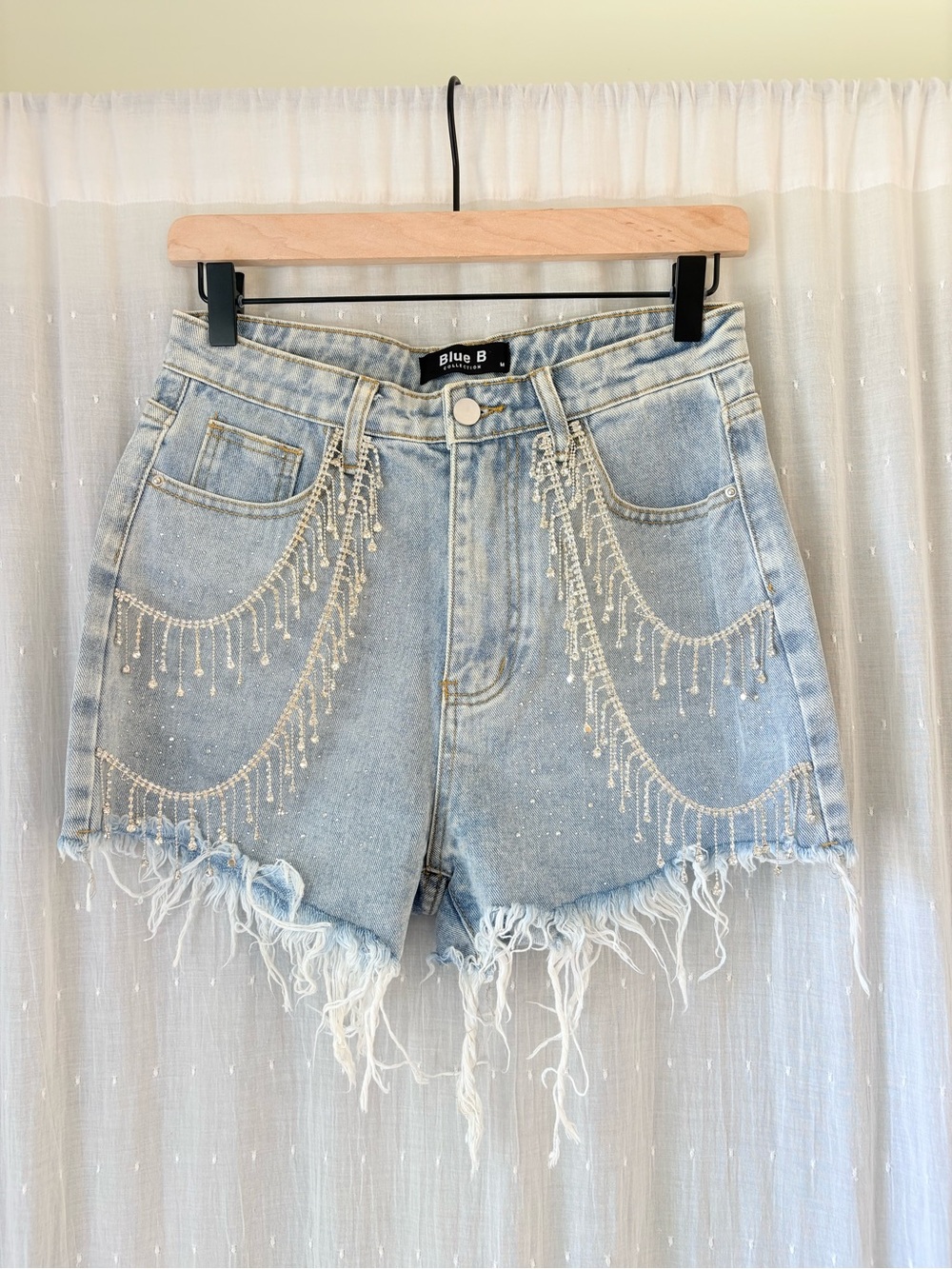 Crystal-Embellished Light Blue Denim Fringe Shorts - Picture 2 of 6